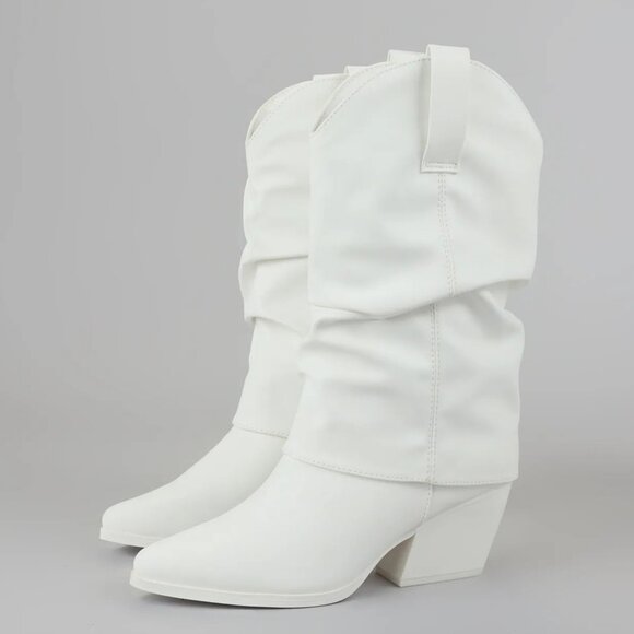 New White Slouchy Fold-Over Cowboy/Cowgirl Western Mid Calf Boot Chunky Med Heel - Picture 3 of 6